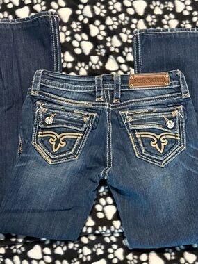 Rock Revival Jewel Bootcut Jeans Dark Wash Thick Stitch Flap Pocket Size 28